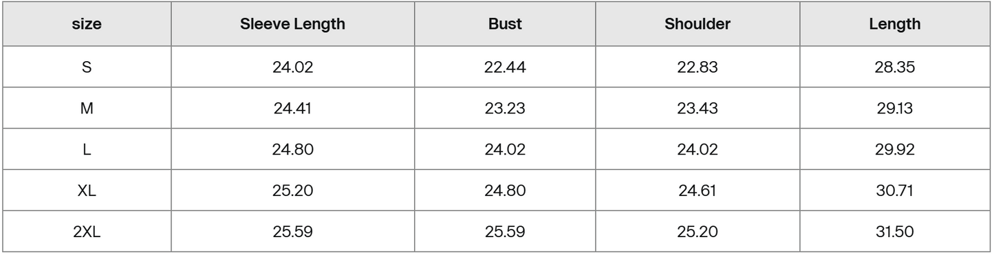 Table showing sleeve length, bust, shoulder, and length measurements for different sizes.