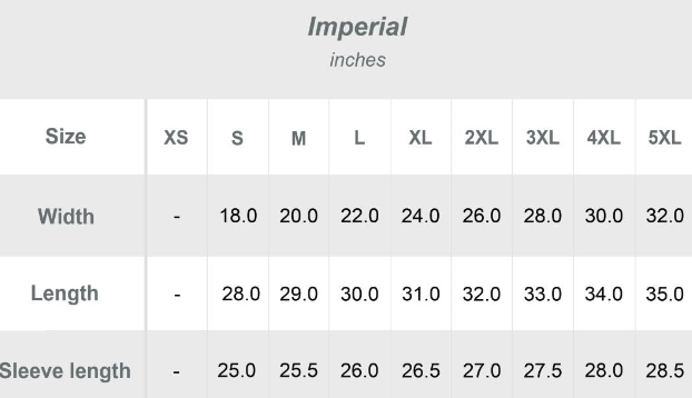Measurement chart for clothing sizes in imperial inches with width, length, and sleeve length measurements.