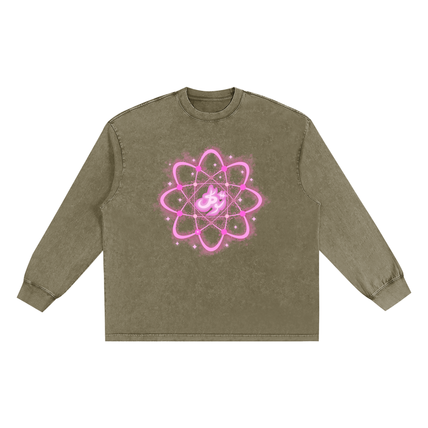 Tawakkul Atom Tee featuring a pink atom design on an oversized stone gray long sleeve shirt.