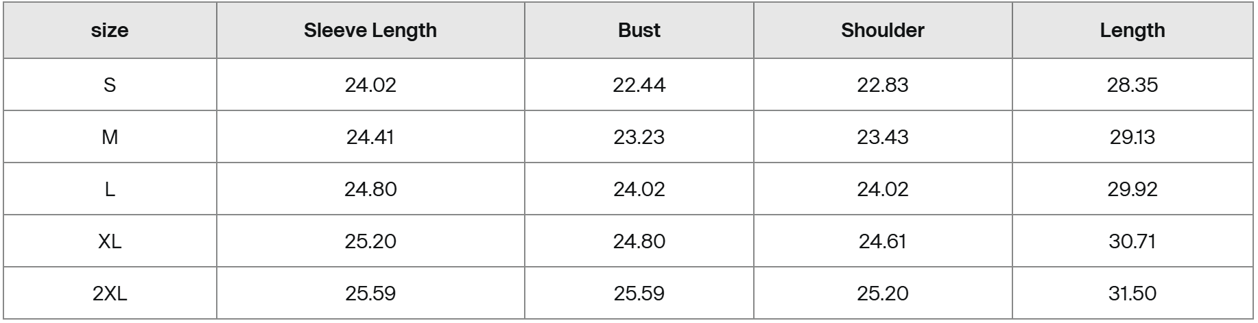 Table showing sleeve length, bust, shoulder, and length measurements for different sizes.