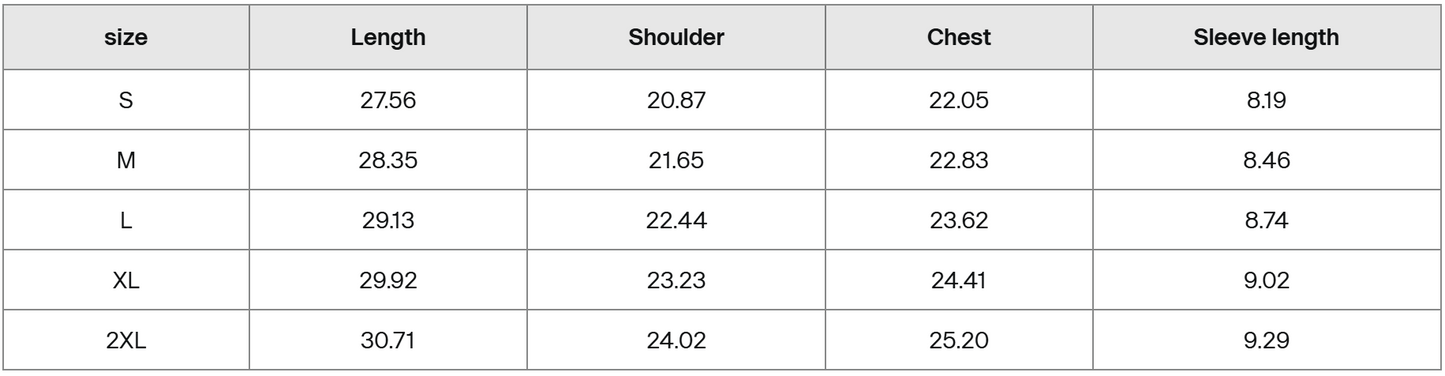 Table showing size chart for clothing measurements including length, shoulder, chest, and sleeve length.