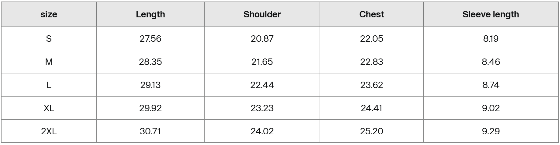 Table showing size chart for clothing measurements including length, shoulder, chest, and sleeve length.