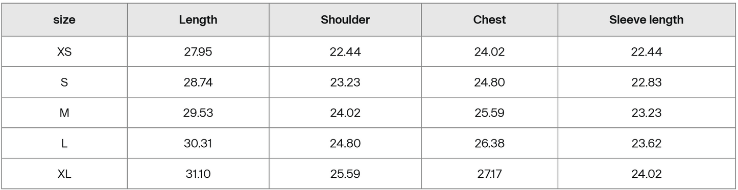 Table showing measurements for different sizes of a garment with columns for size, length, shoulder, chest, and sleeve length.
