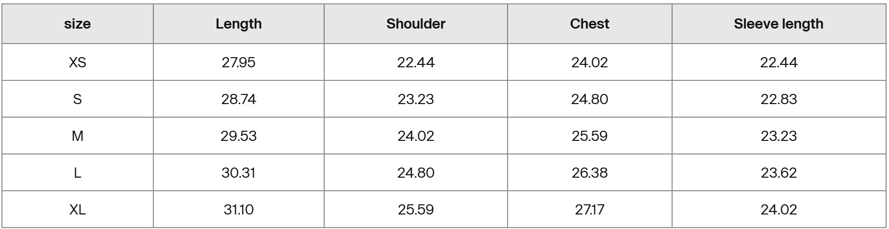 Table showing measurements for different sizes of a garment with columns for size, length, shoulder, chest, and sleeve length.