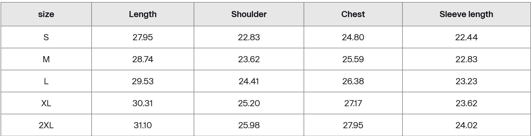Table displaying clothing size measurements with columns for size, length, shoulder, chest, and sleeve length.
