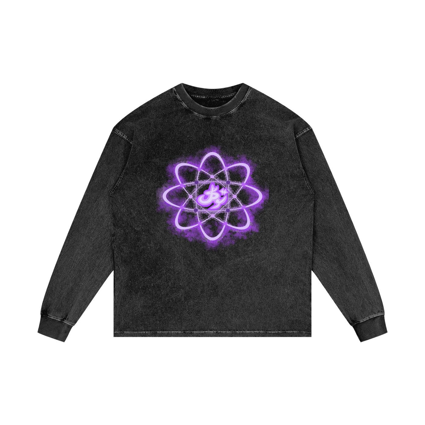 Tawakkul Atom Tee featuring a stylish atom design in purple on a black long-sleeve shirt.
